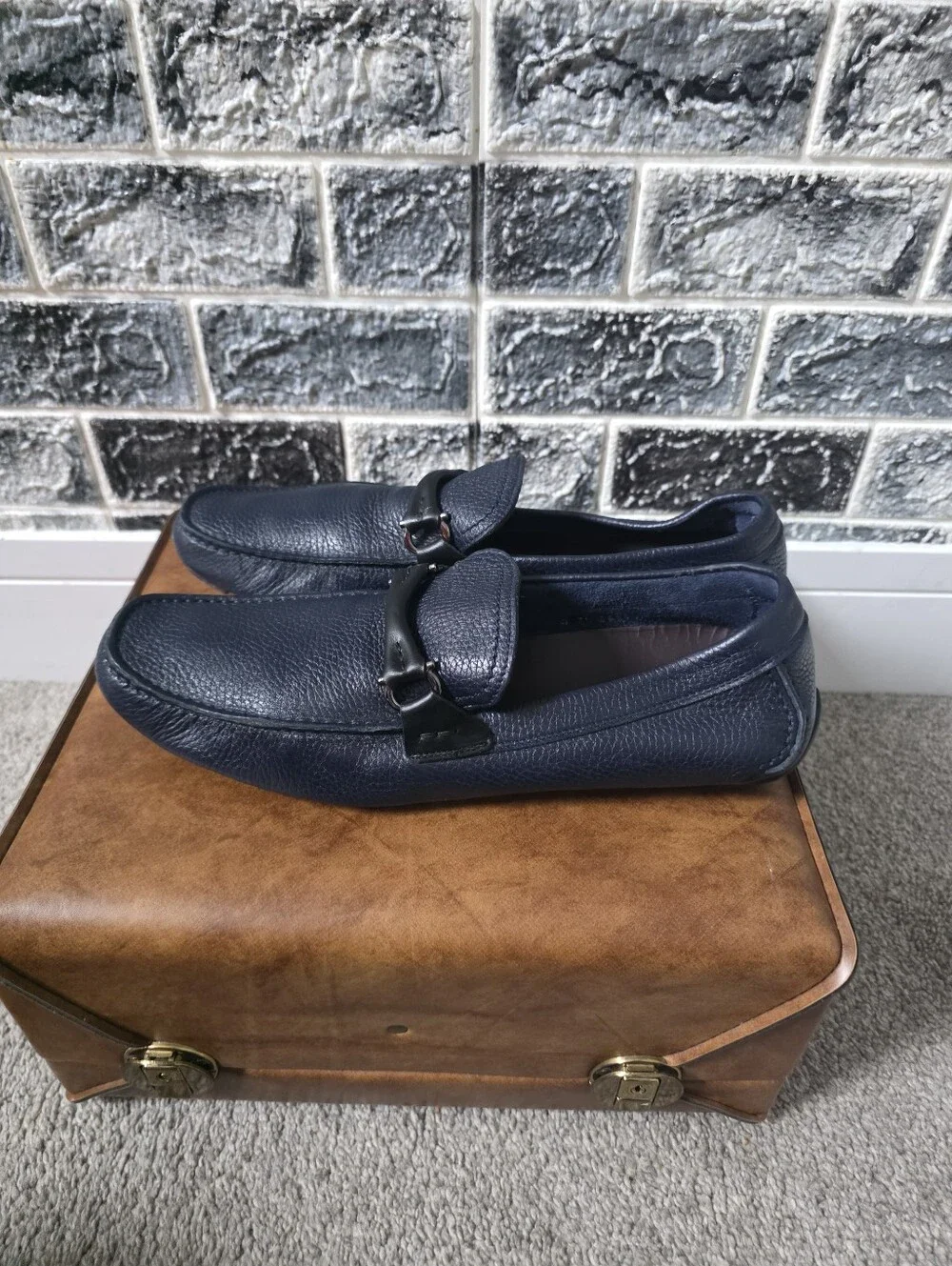 Salvatore Ferragamo Men's Navy Leather Loafers Size 9.5